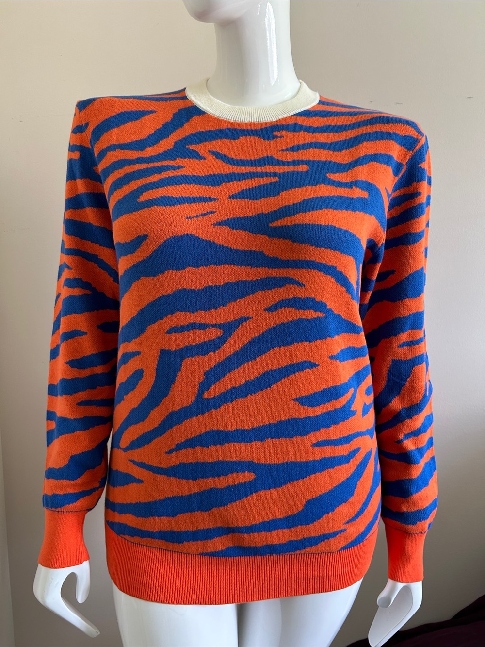 NWT OXKnit Cotton Crewneck Tiger-Stripe Sweater in Orange and Blue, Size XL